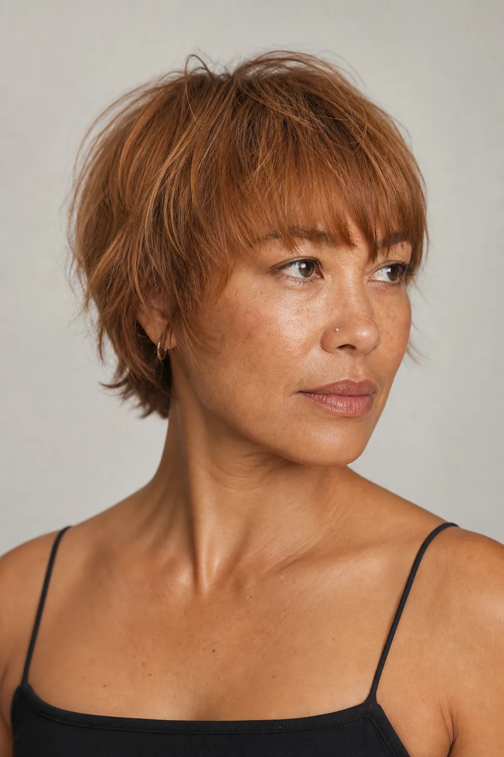 Short shag with a soft full fringe framing the brow on fine hair