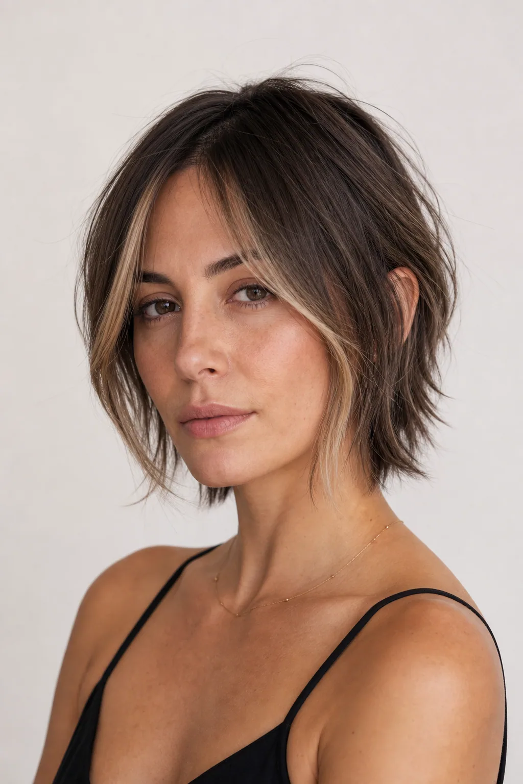 Textured short shag with money-piece highlights framing the face on fine hair