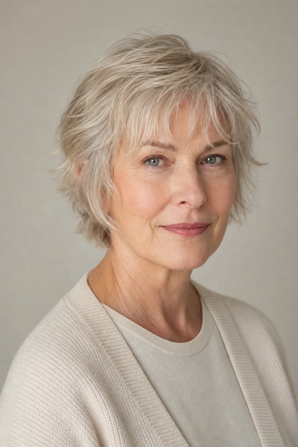 Short shag with a soft crown and wispy bangs on fine silver-blond hair over 60