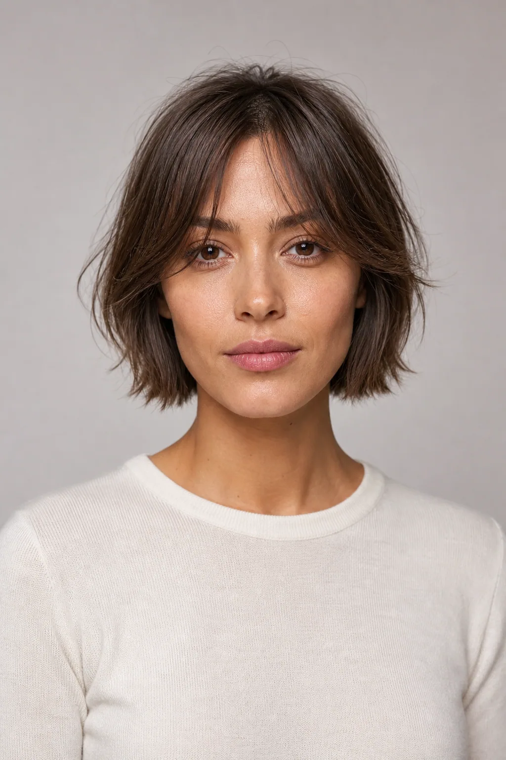 Short shaggy bob with curtain bangs on fine medium-brown hair