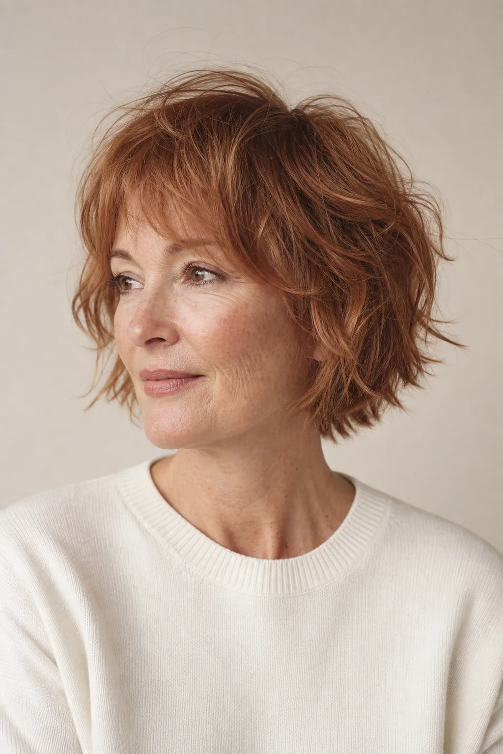 Short tousled shaggy bob on fine wavy auburn hair