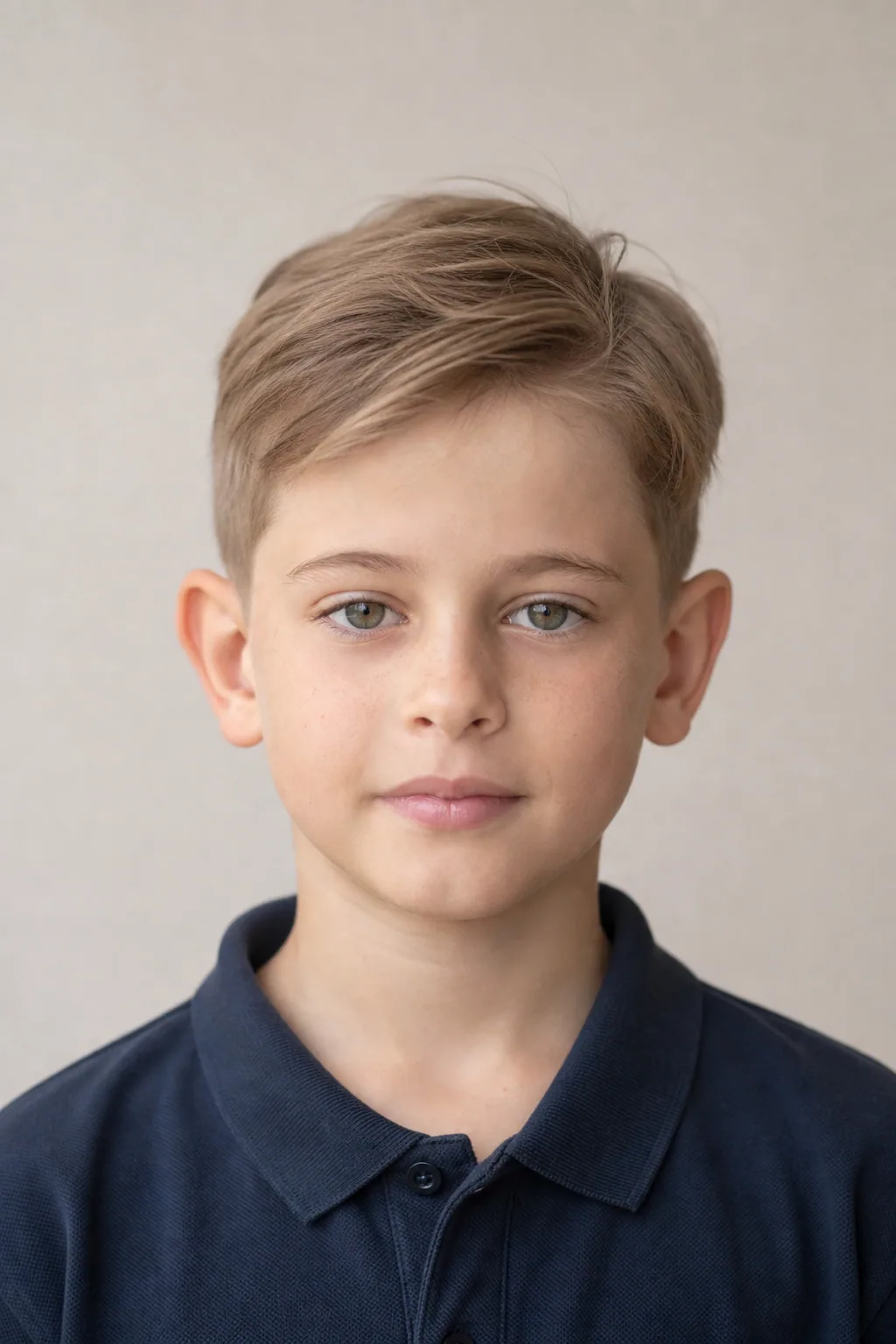 Nine-year-old boy with a short, soft side part on thin hair