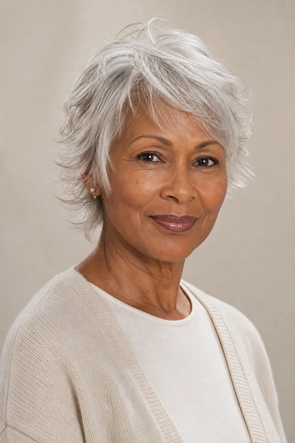 Short tousled shag on fine silver-white hair over 60