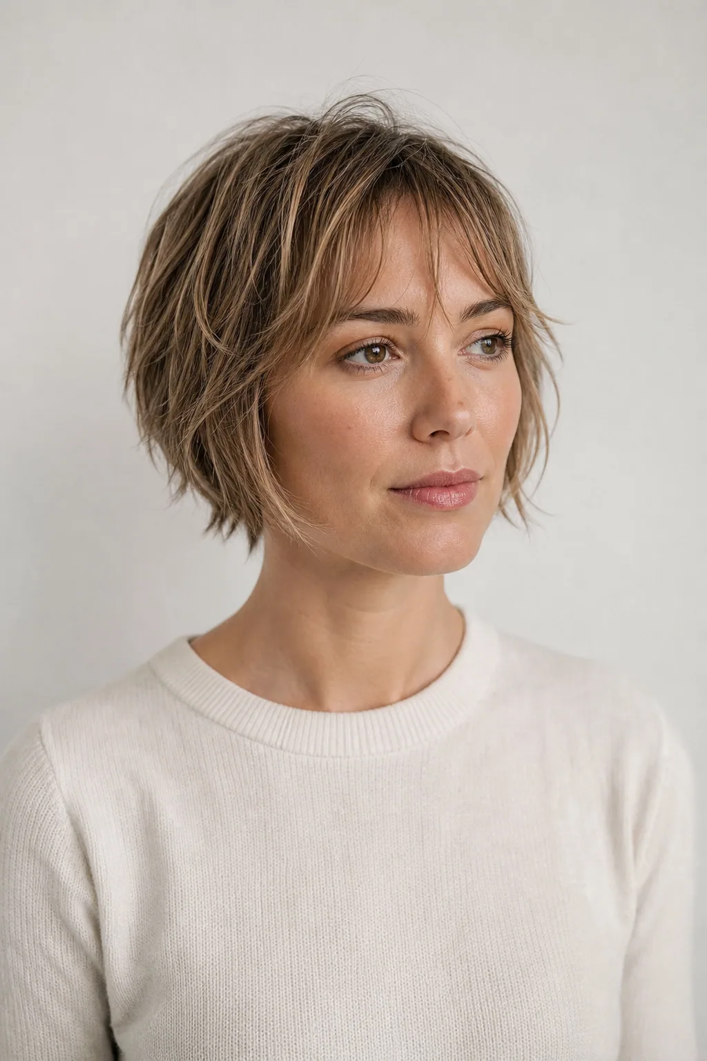 Short soft shag with a wispy fringe on fine dark-blond hair