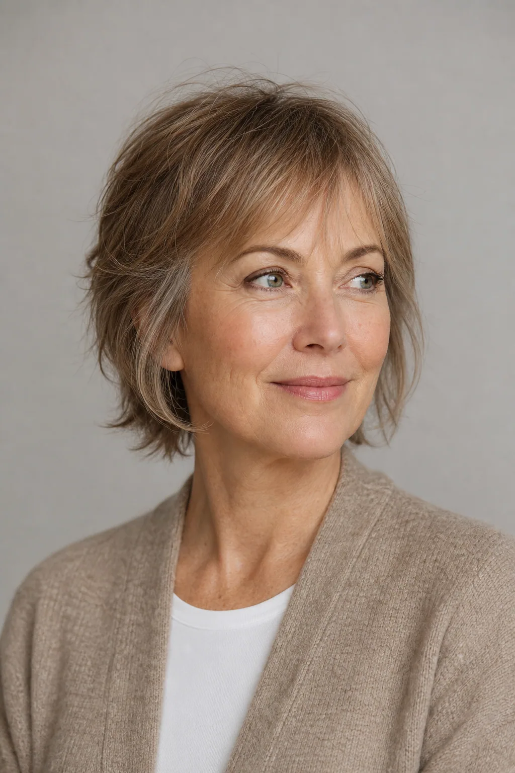 Short soft shag with a full crown on fine light-brown hair over 50