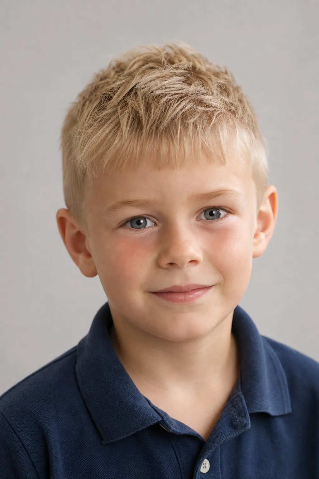 Eight-year-old boy with a short textured crop on thin blond hair