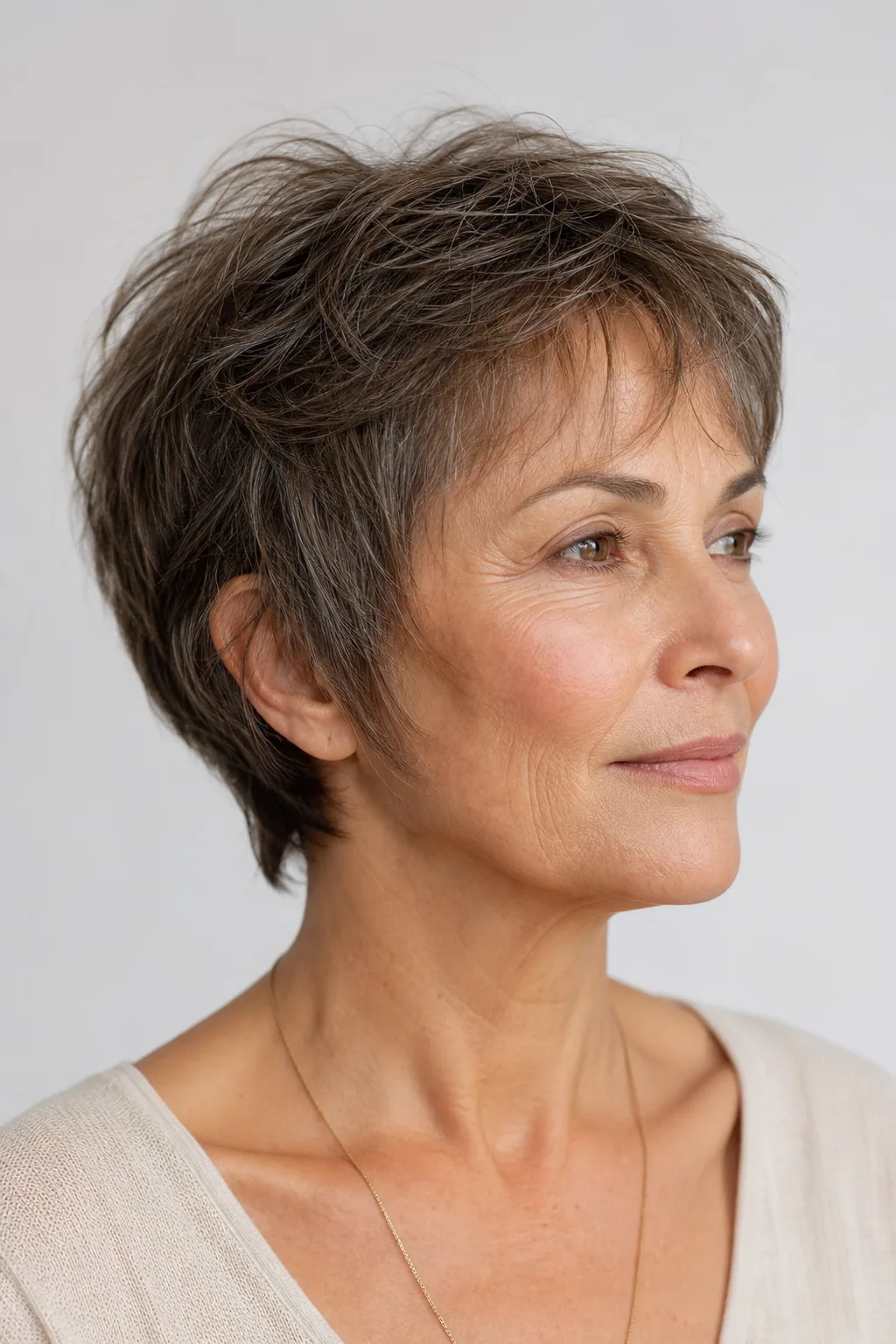 Short textured crop with a piecey top on fine thin brown-grey hair over 60