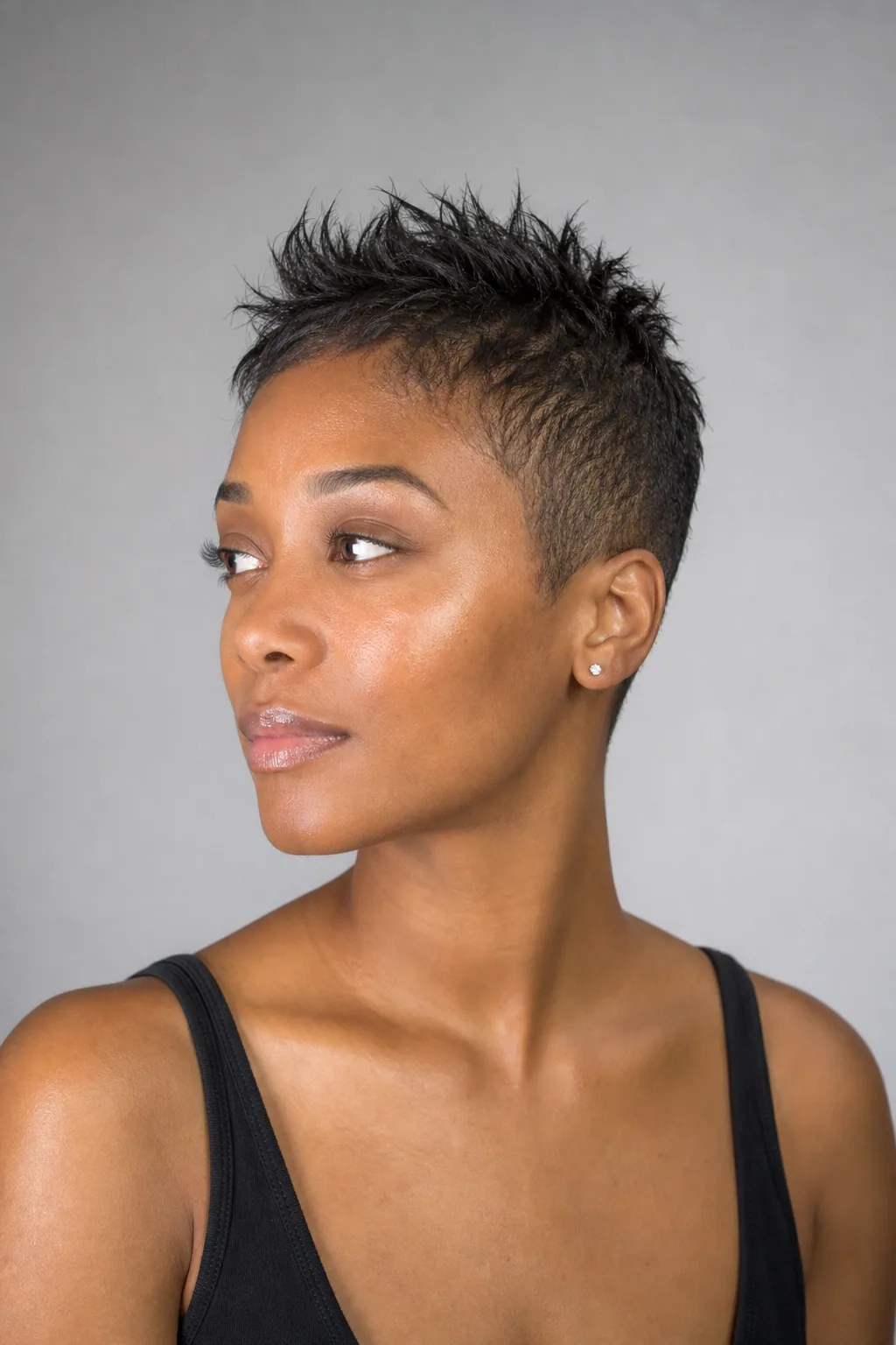 Short textured crop on fine dark hair, tight tapered sides, piecey standing top, three-quarter view