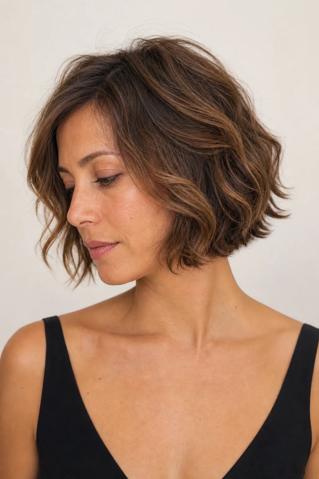 Short wavy bob with soft bends stacking volume on fine wavy thin hair