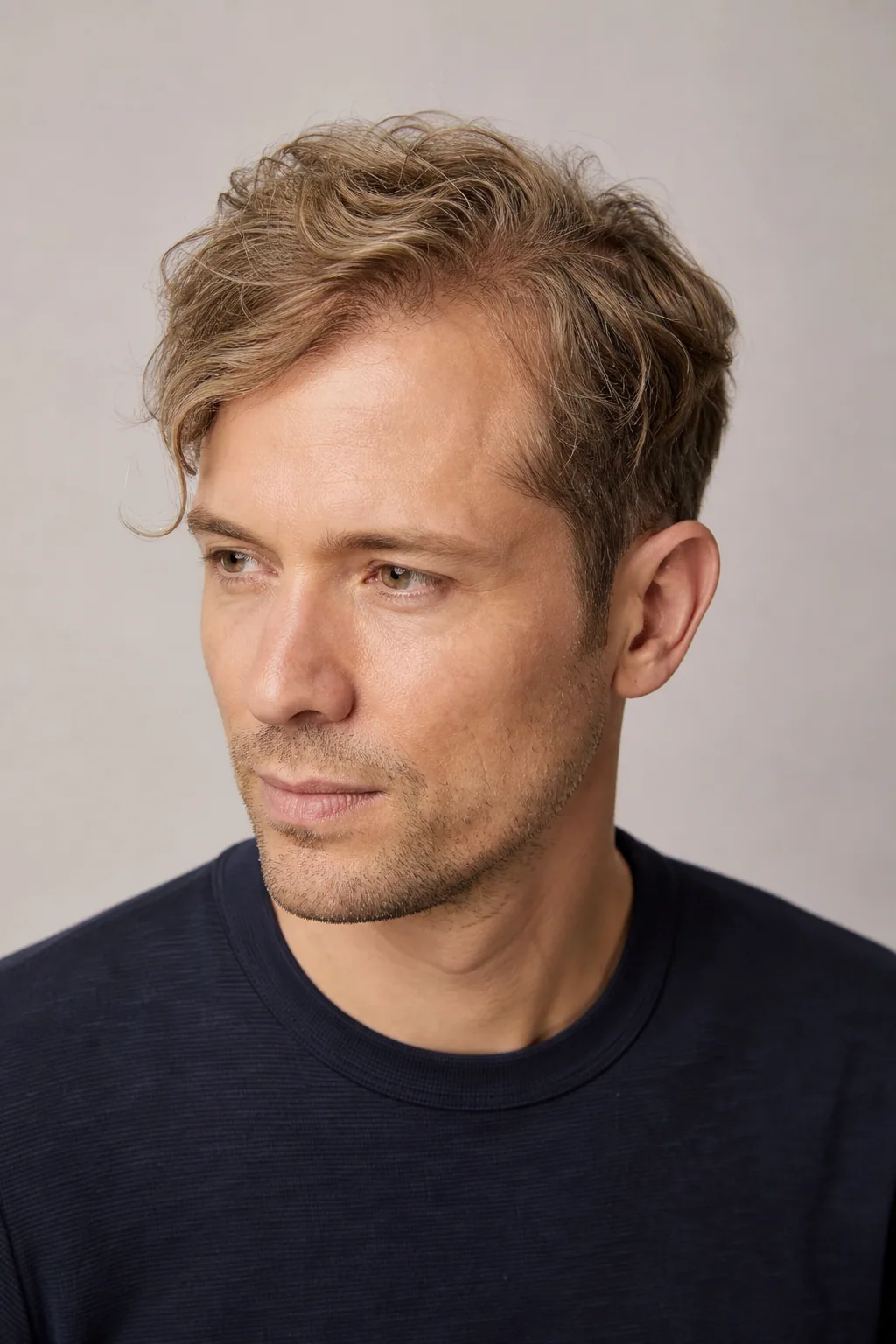 Short, loose wavy side part on a man with thin hair