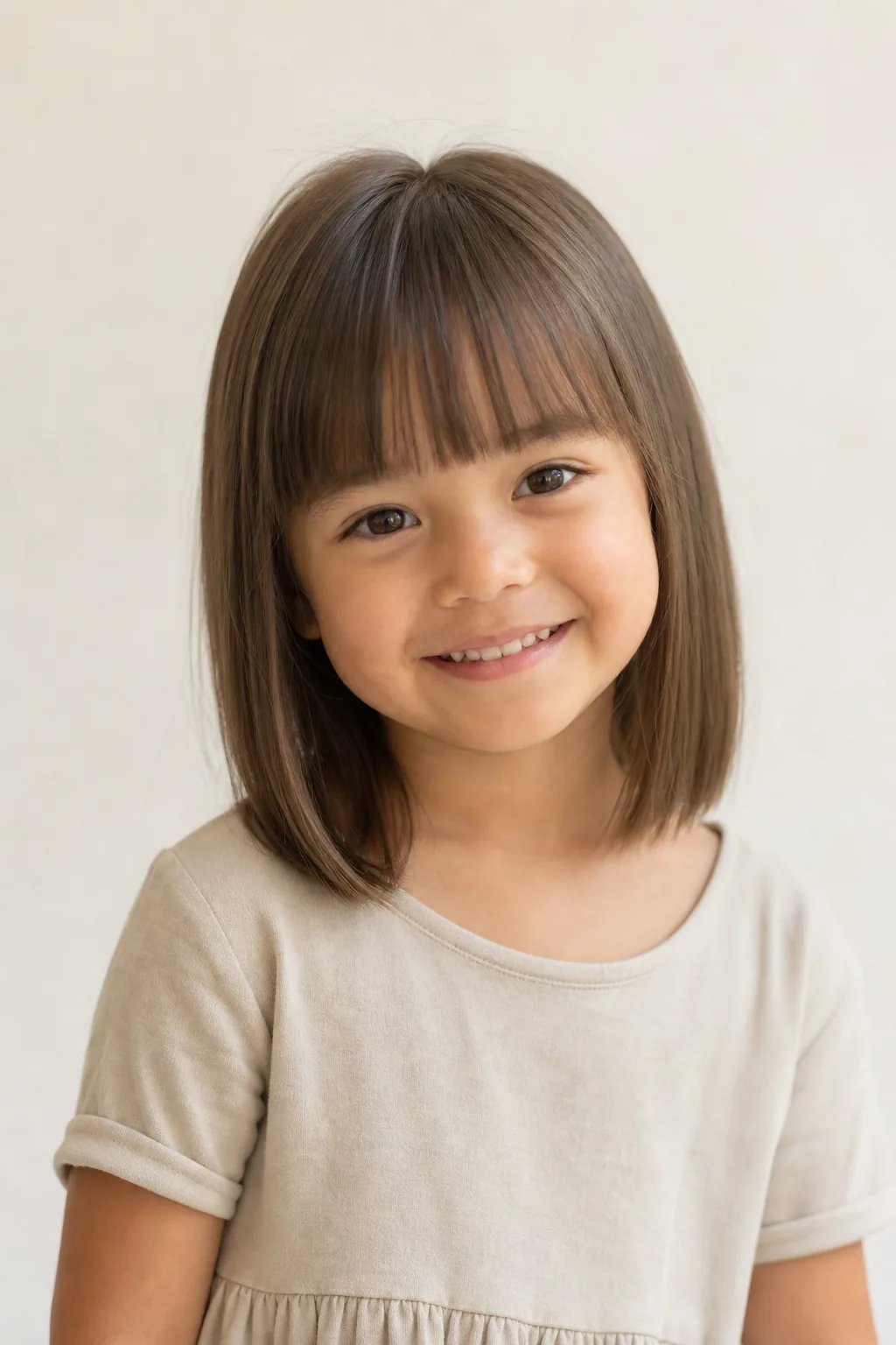 Little girl with a shoulder-length blunt cut and straight bangs on fine brown hair