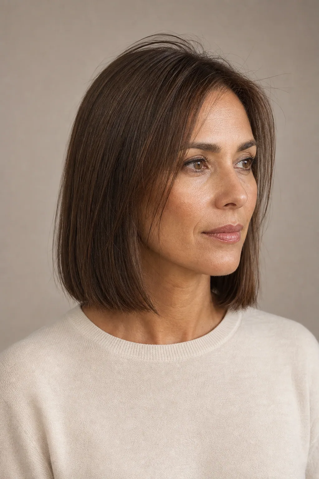 Shoulder-length blunt bob with crown layers on fine chestnut hair