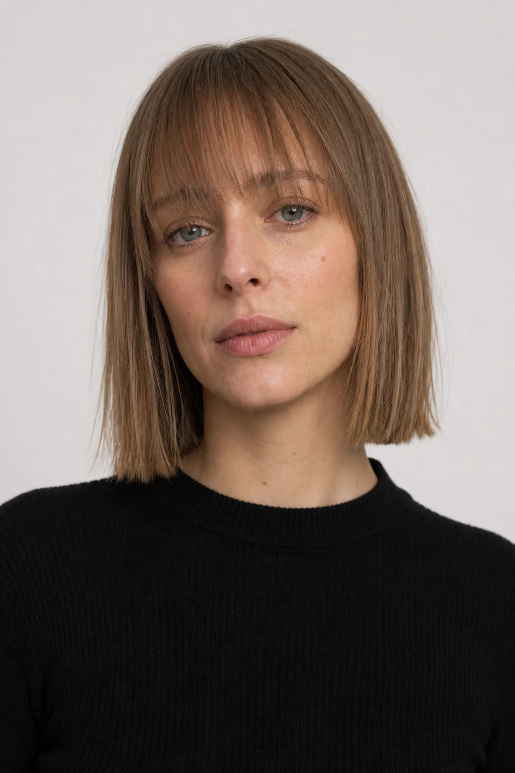 Shoulder-length blunt bob with long bangs on fine dark-blond hair