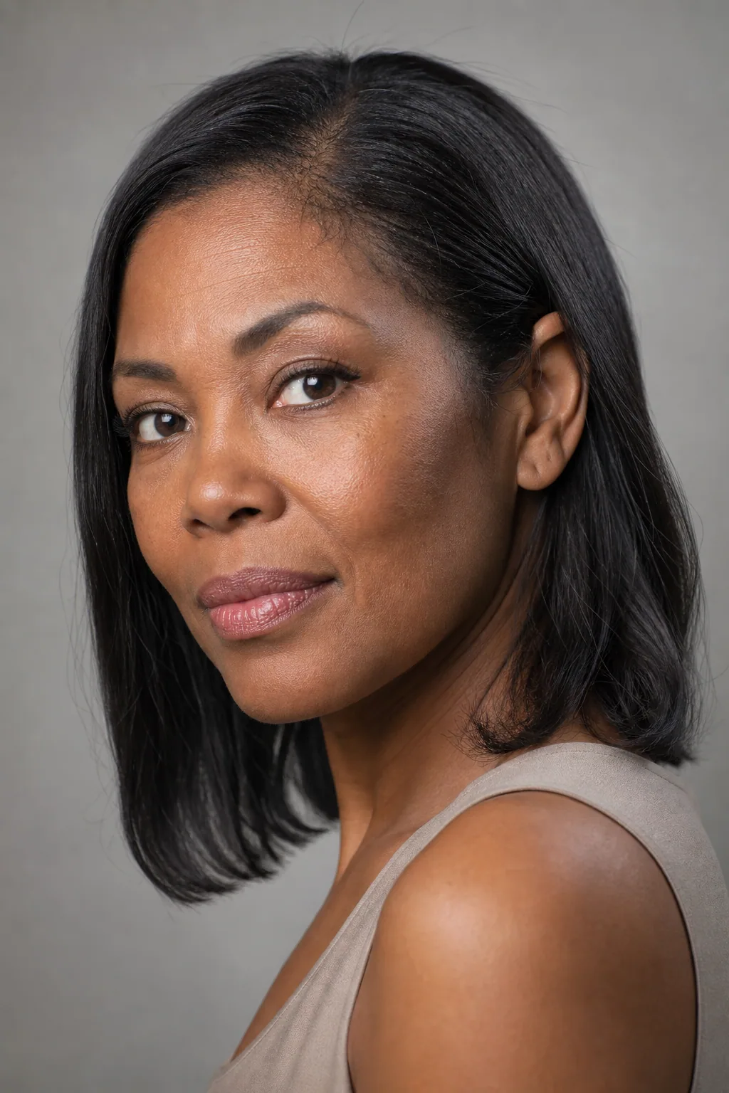 Shoulder-length fine dark hair with internal layers, tucked behind one ear, showing thickness at the ends