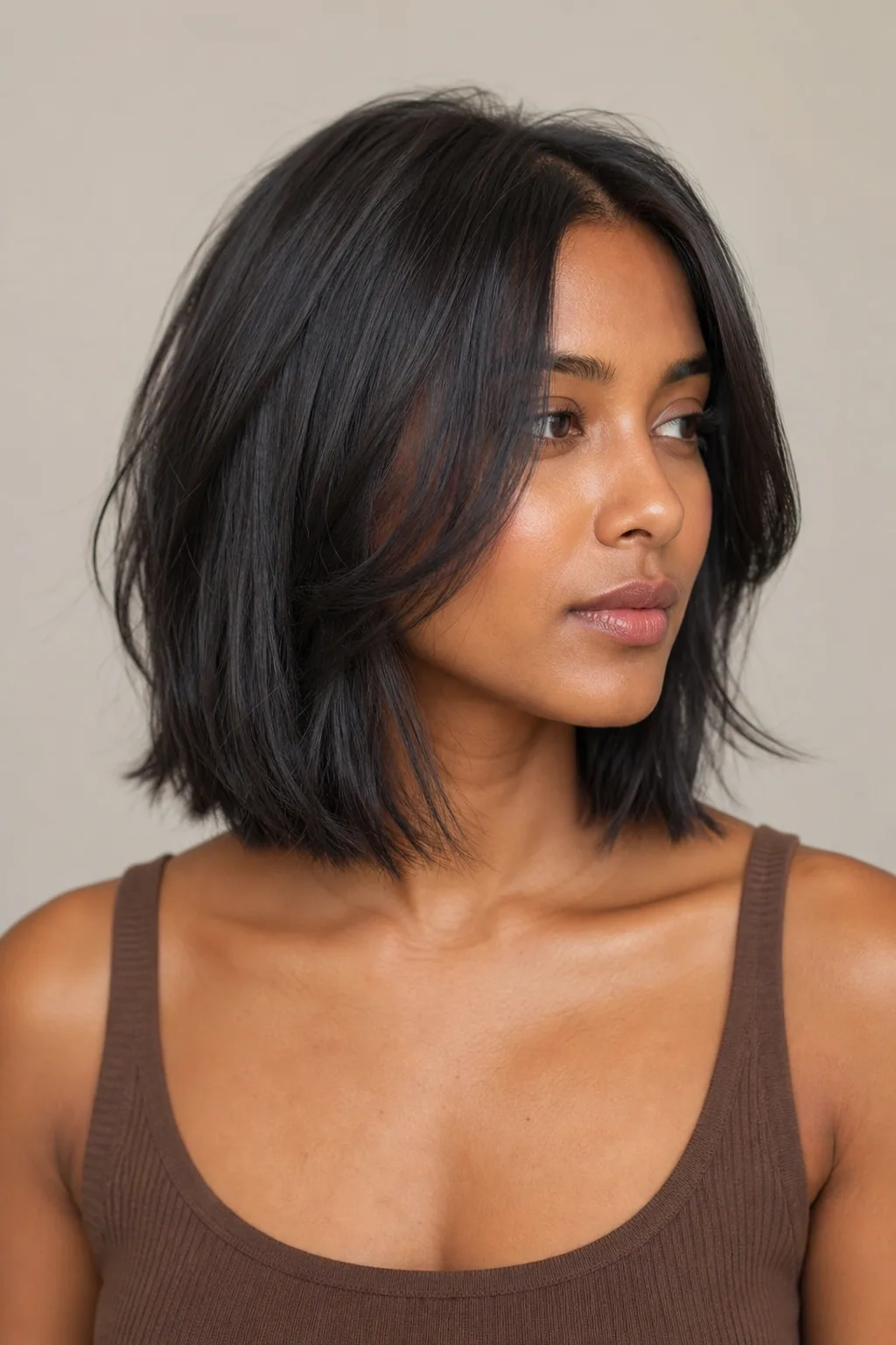 Shoulder layered bob with long face-framing pieces melting into the length on fine hair