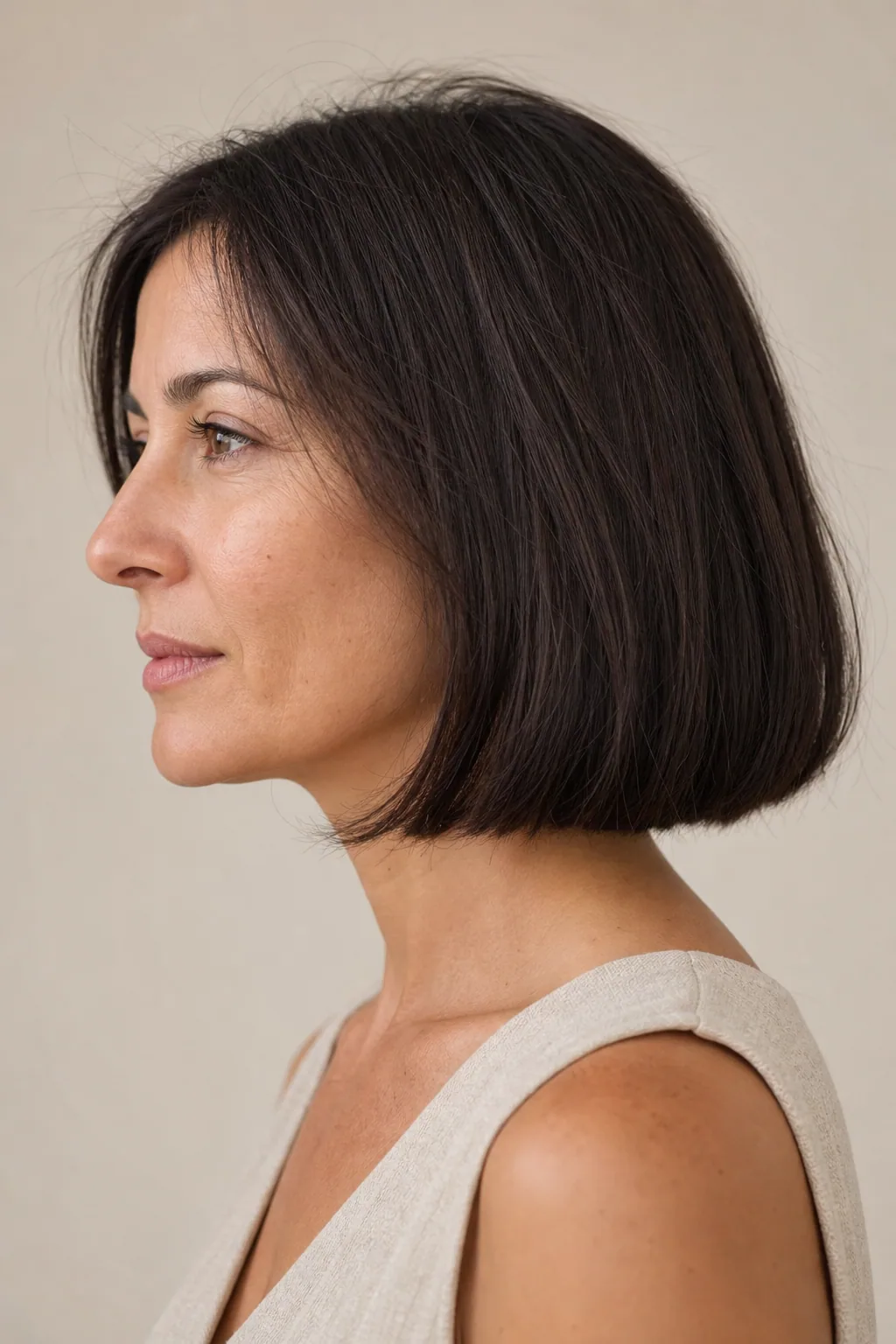 Fine hair at shoulder length with a soft inward bend at the jaw, blunt ends, side profile