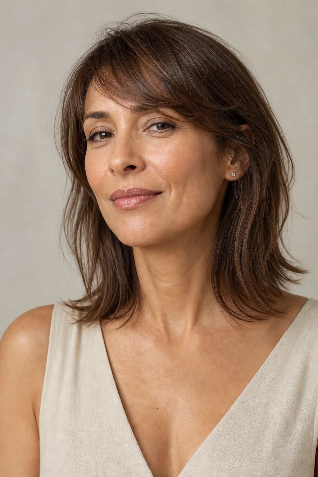 Shoulder-length fine hair with a soft eyebrow-length side sweep and gentle body through the lengths