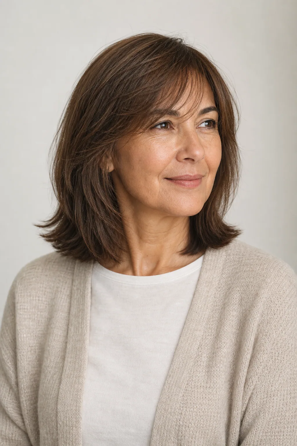 Shoulder-length shag with a full hem on fine brown hair over 50