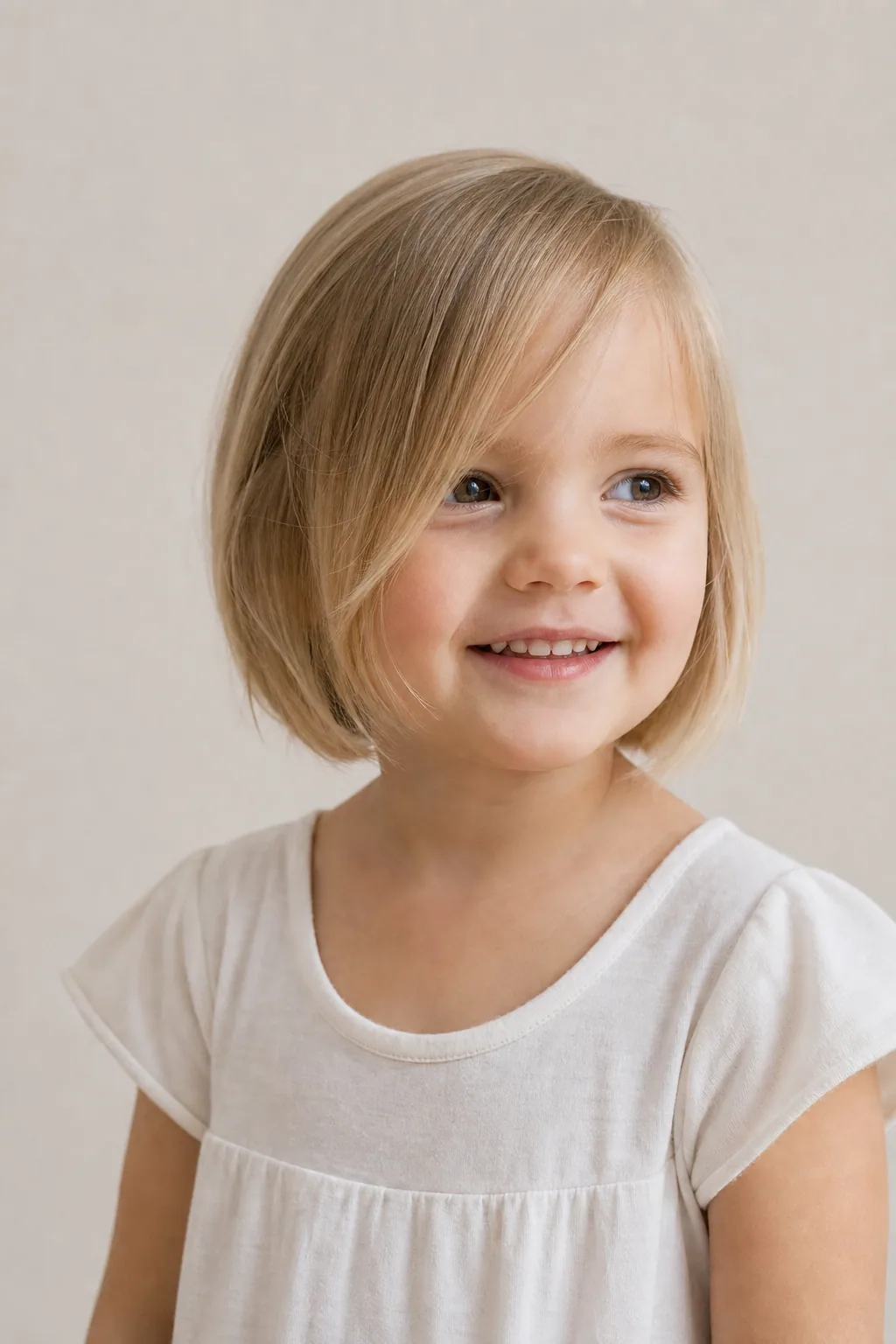 Little girl with long side-swept bangs blending into a bob on fine dark-blond hair