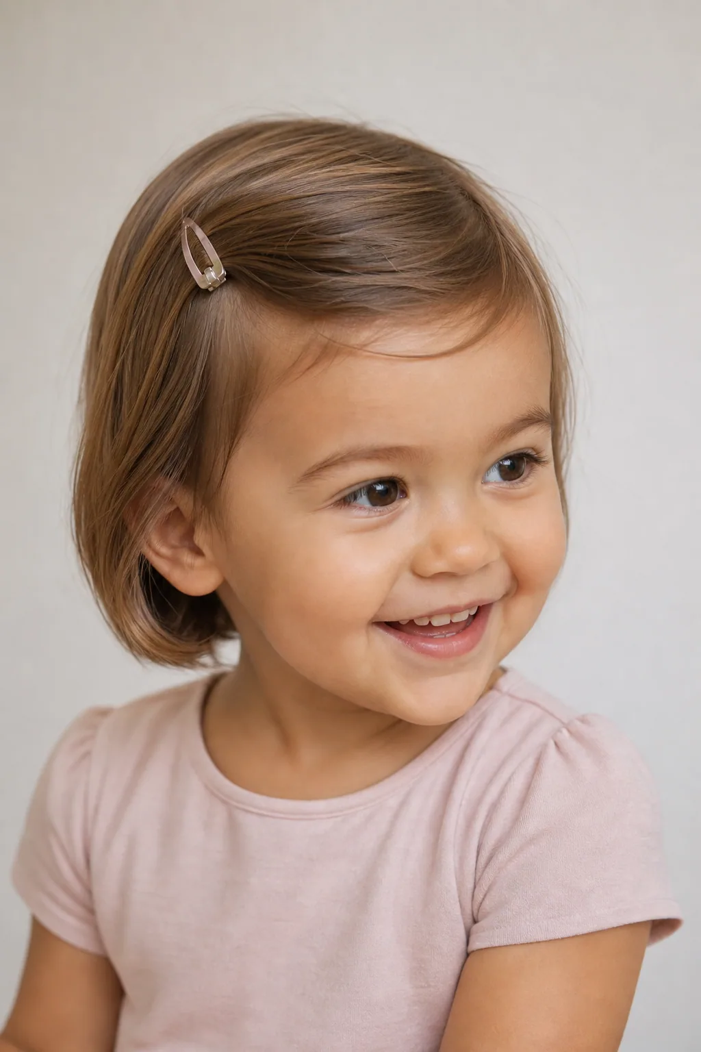Toddler girl with a side-part bob held with a small clip on fine light-brown hair