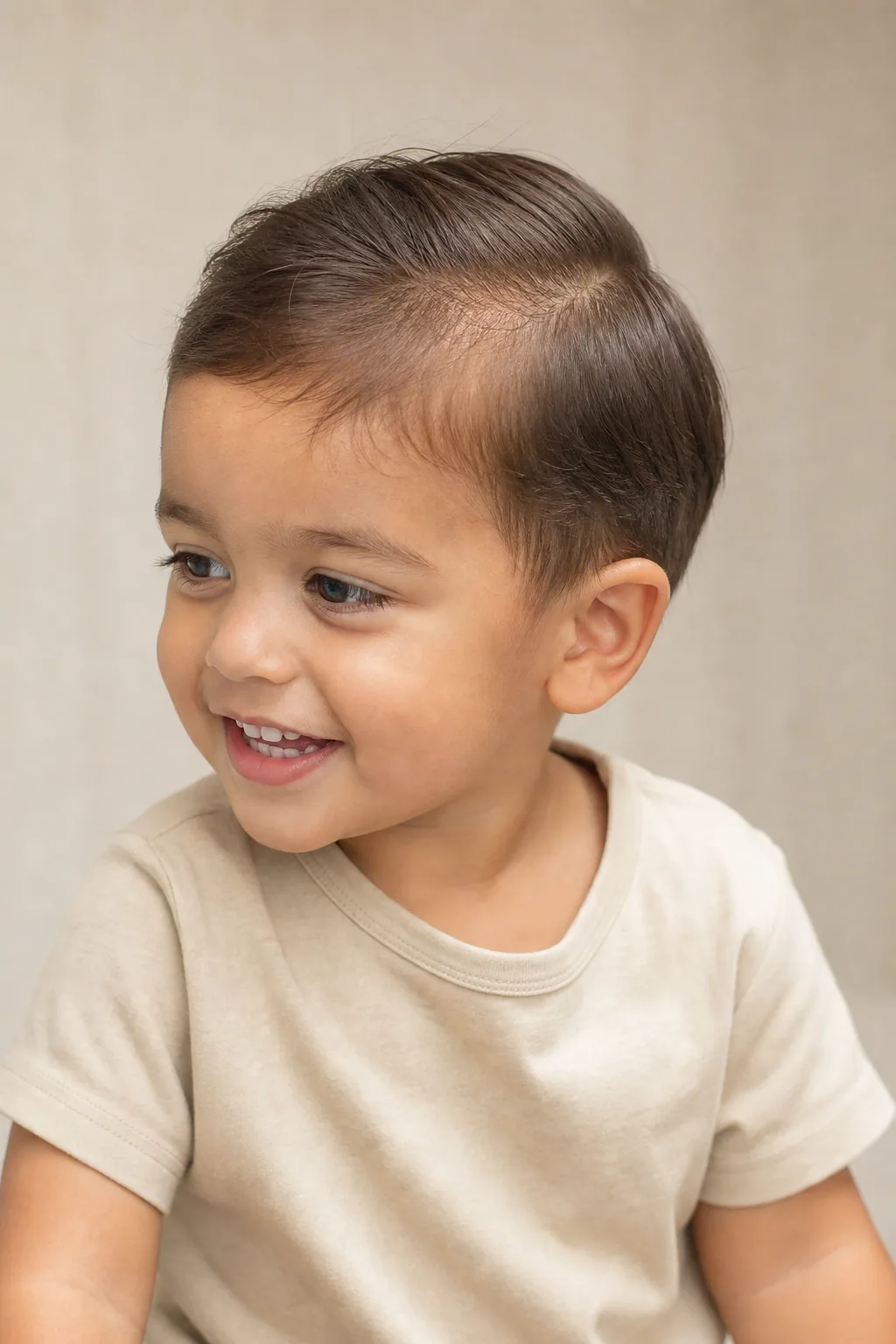 Toddler boy with a neat short side-part haircut on fine brown hair