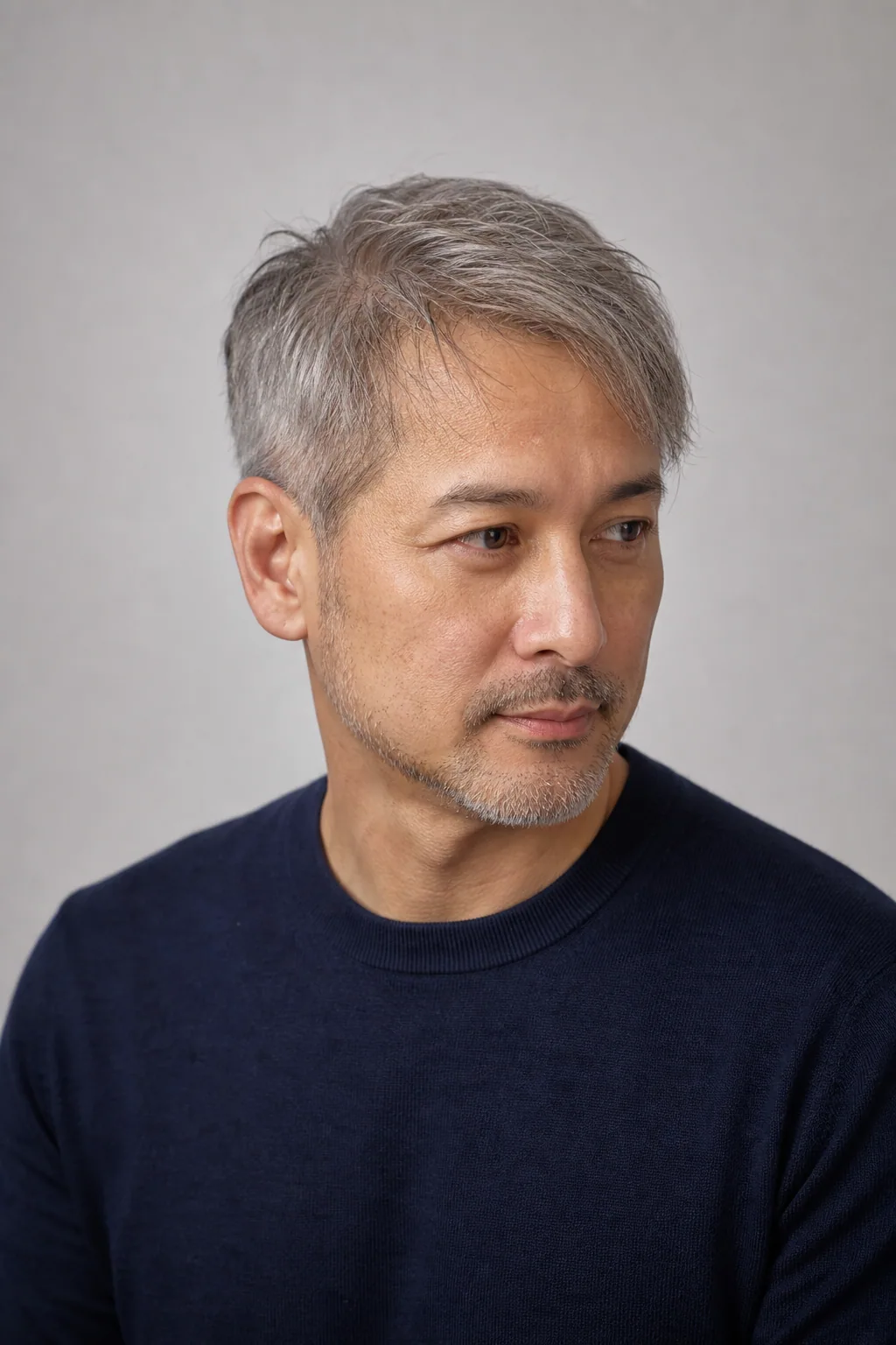 Short side-swept salt-and-pepper cut on a man in his fifties
