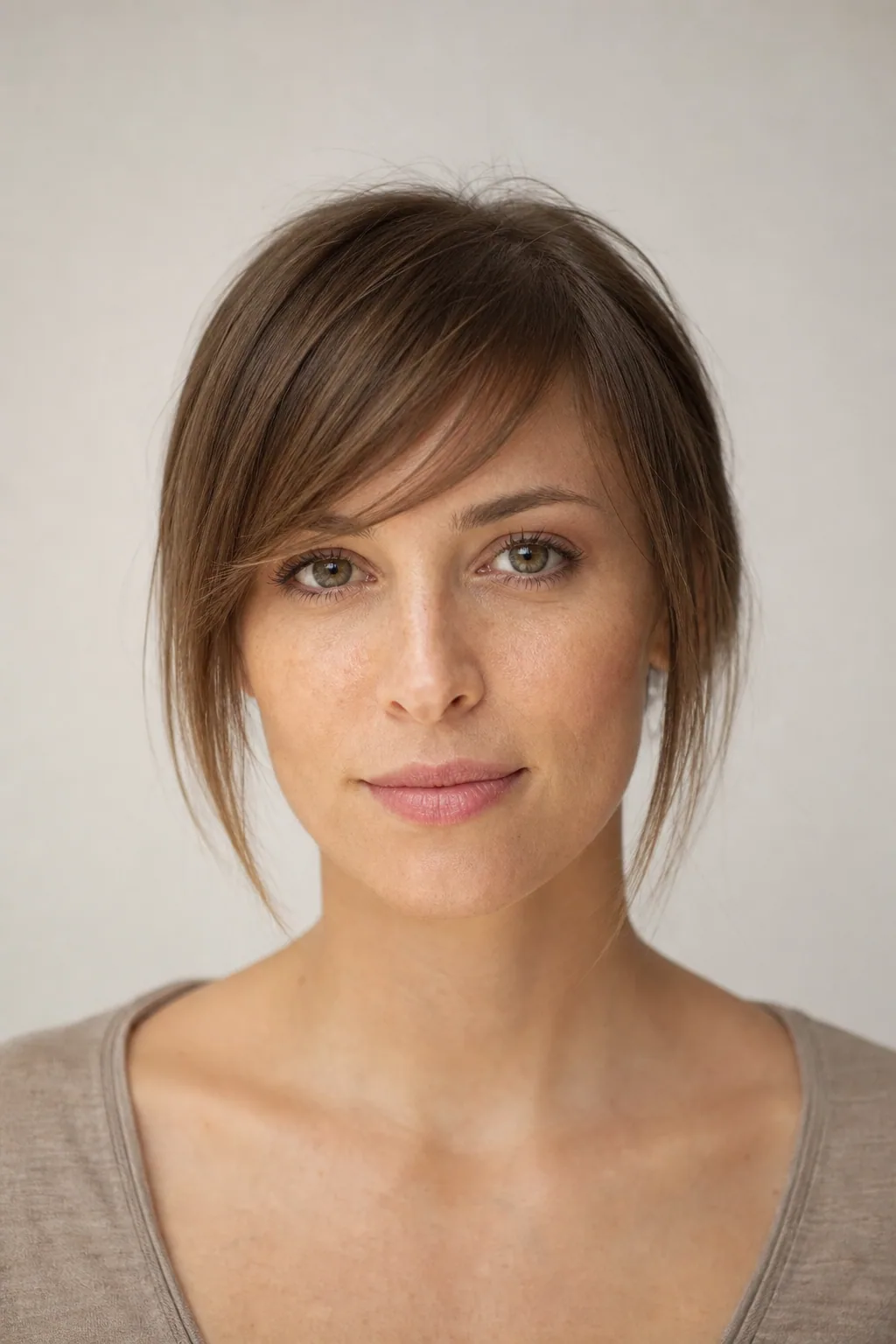 Front view of a soft side-swept fringe skimming the eyebrow at its longest point on fine mid-brown hair
