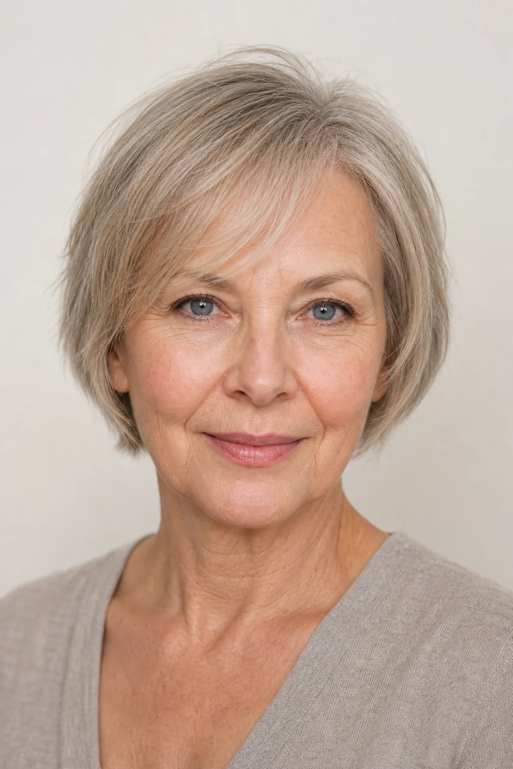 Softly swept fringe covering a receding front hairline on fine hair, gentle root lift at the part, mature woman