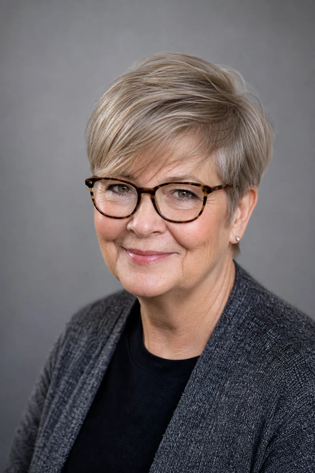 Side-swept pixie with the fringe above tortoiseshell glasses on fine hair over 60