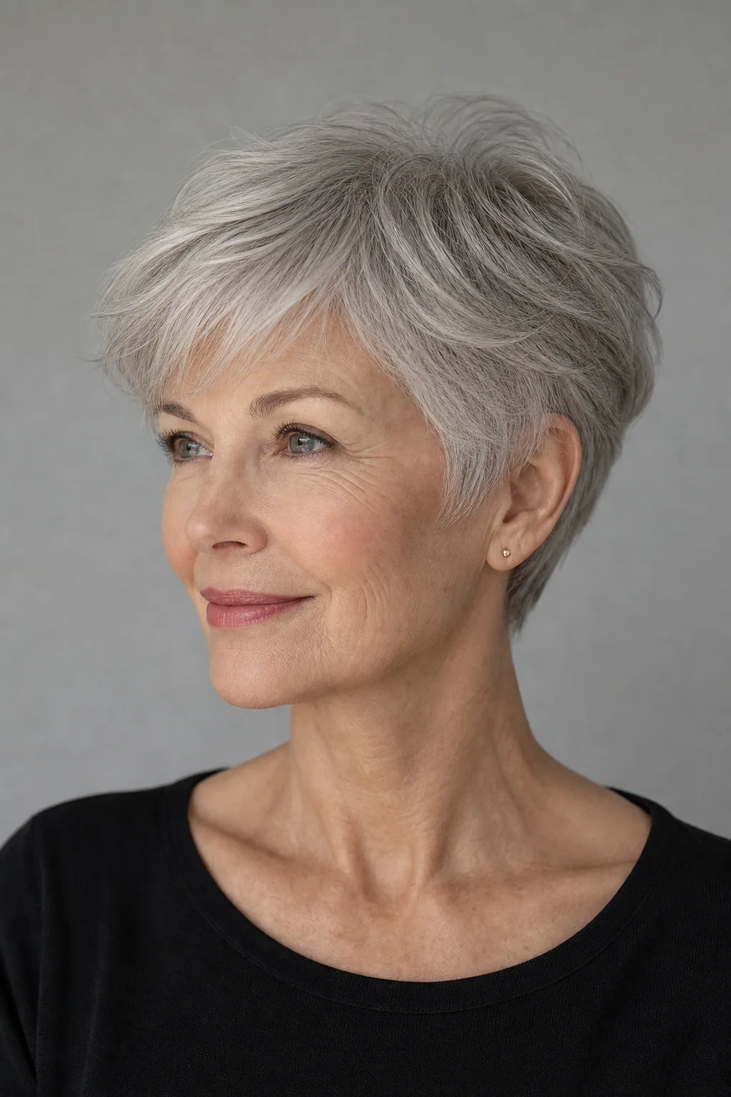 Silver bixie with soft rounded layers and a polished finish on mature fine hair