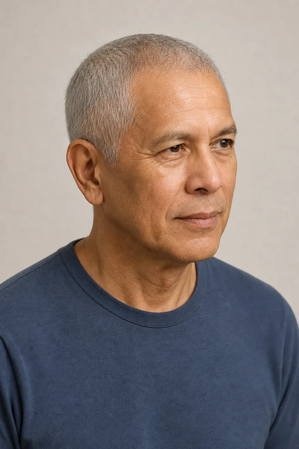 Even silver buzz cut on a man in his sixties with thinning hair