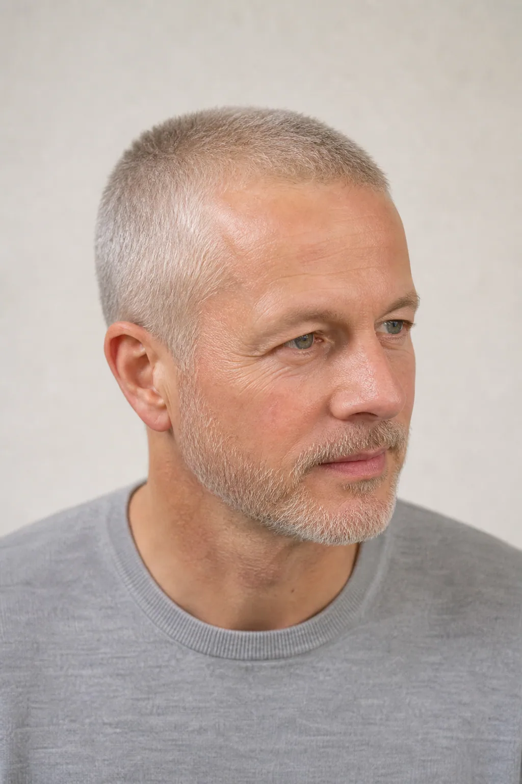 Even number 3 buzz cut on thinning silver-grey hair