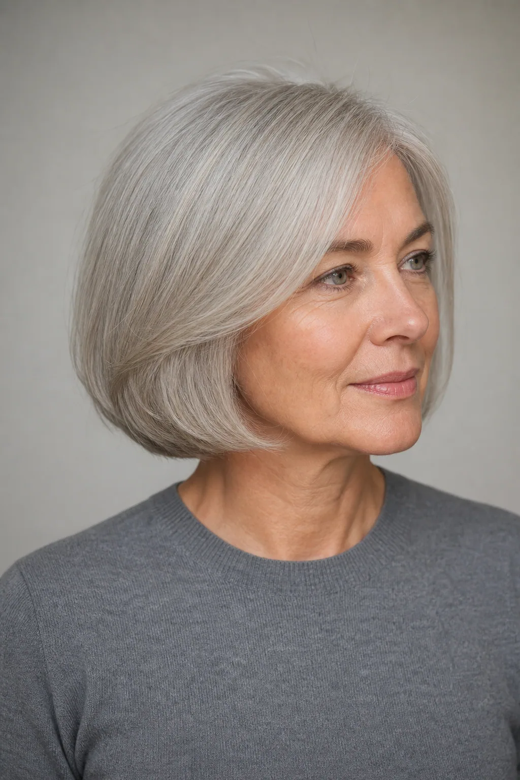 Italian bob with a rounded hem on fine silver hair over 50
