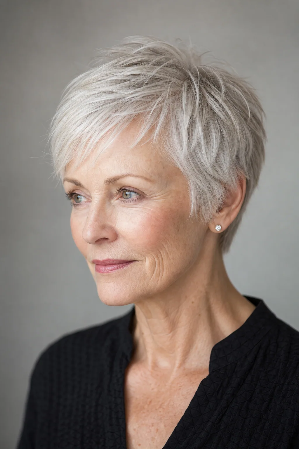 Piece-y silver pixie with matte separated texture on fine thin white-silver hair over 60