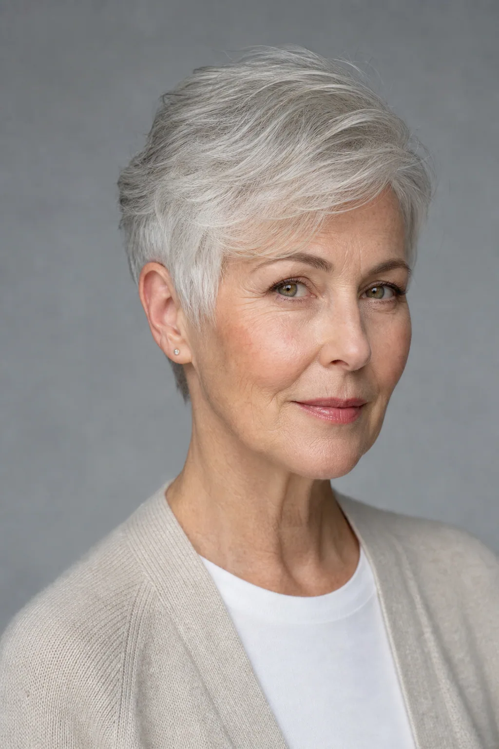 Silver pixie with a deep side part on fine gray hair over 60