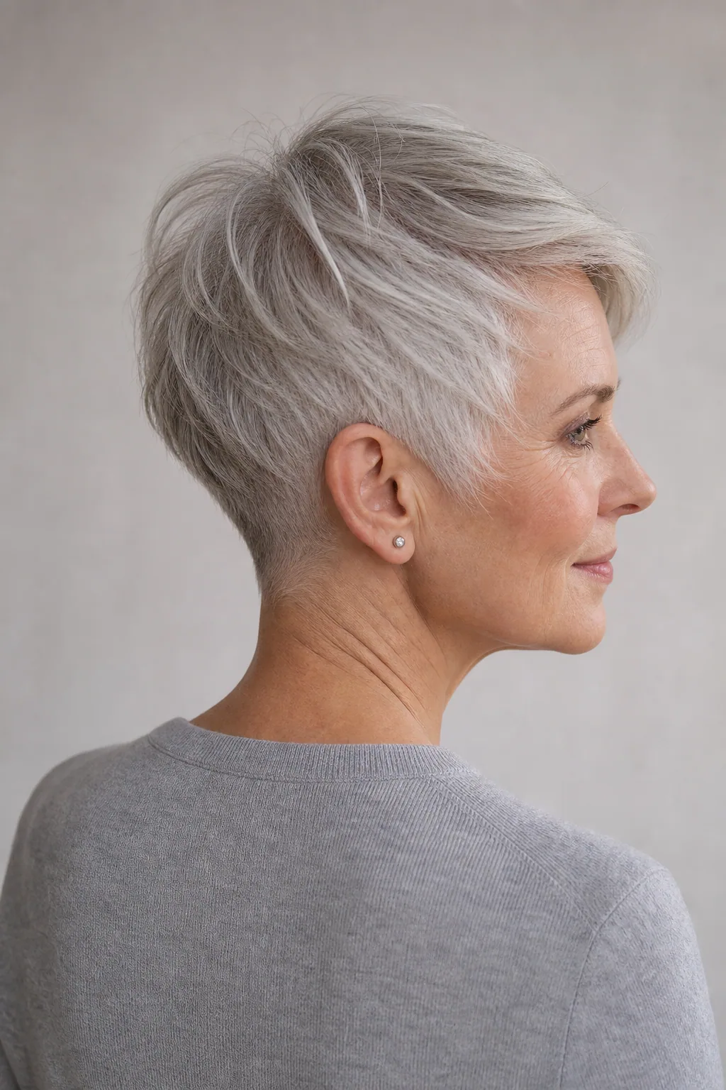 Soft silver pixie with a blended nape undercut on fine hair over 50