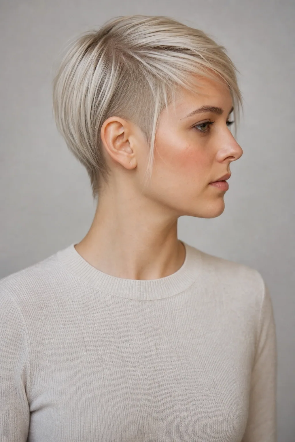 Pixie tucked behind the ear to show a single-side undercut on fine platinum hair