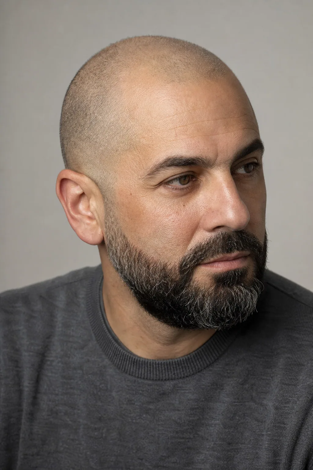 Shaved head with the sides faded into a full beard