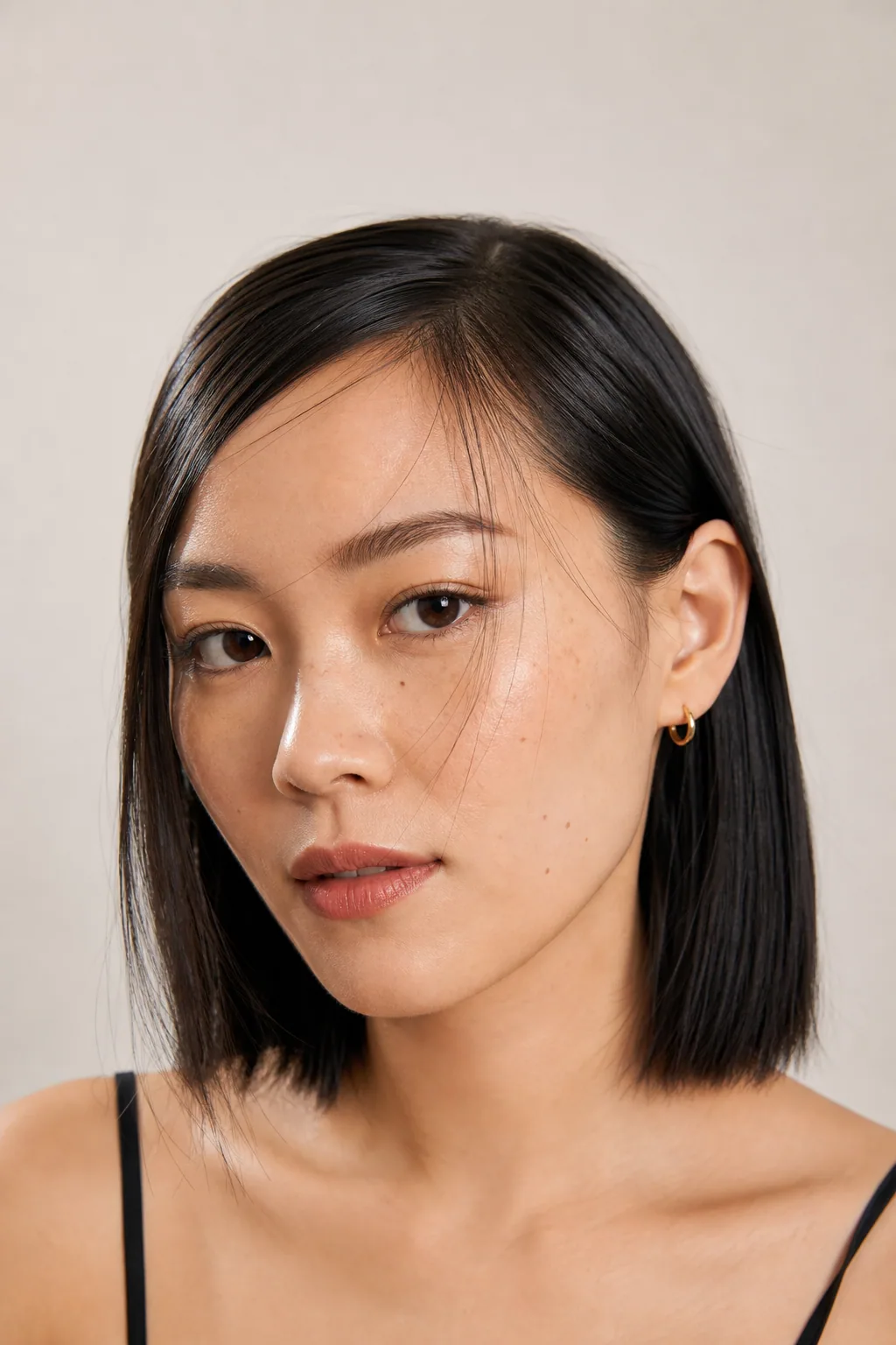Sleek blunt lob tucked behind one ear with a glossy finish on fine straight hair