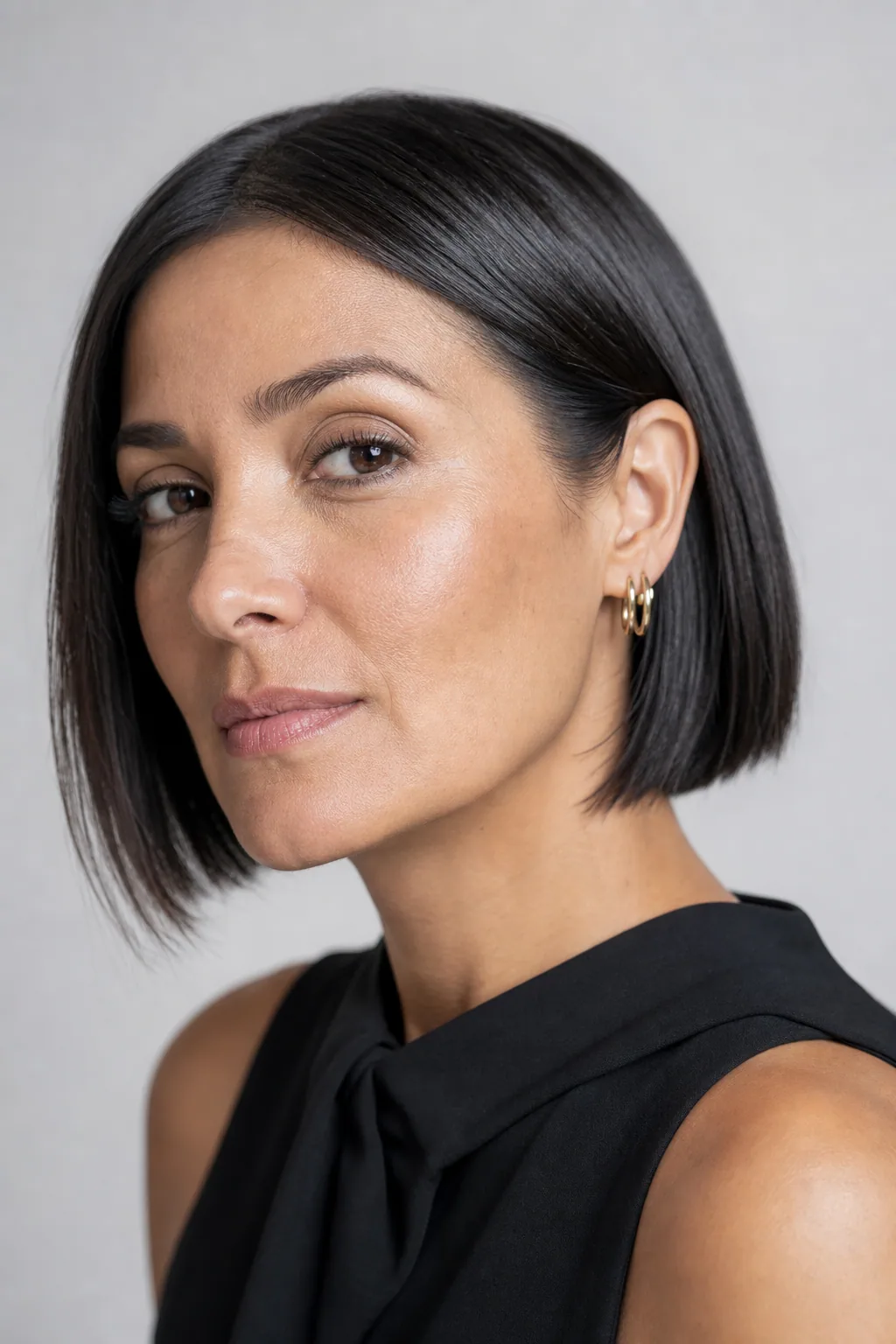 Sleek short bob tucked behind one ear with a polished finish on fine thin hair