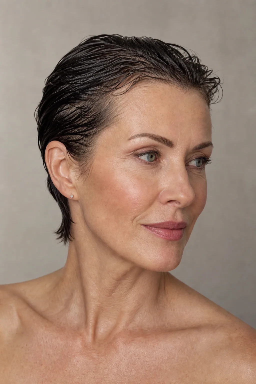 Slicked-back wet-look pixie styled sleek off the face on fine hair