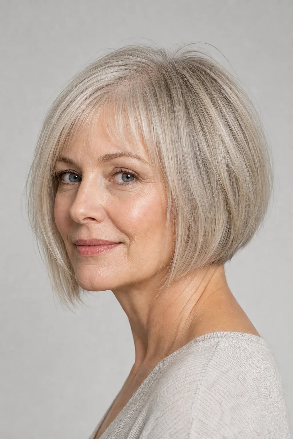 Softly angled A-line bob slightly longer at the front on fine silver-blonde hair, woman with an oval face