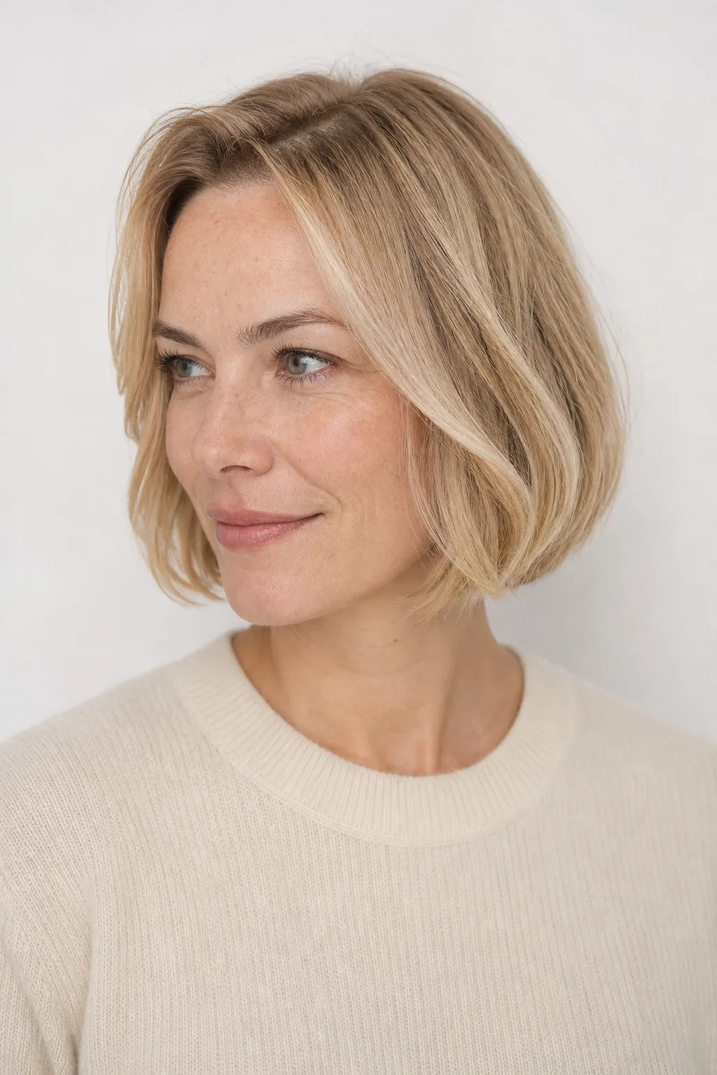 Italian bob with soft loose bends on fine honey-blond hair