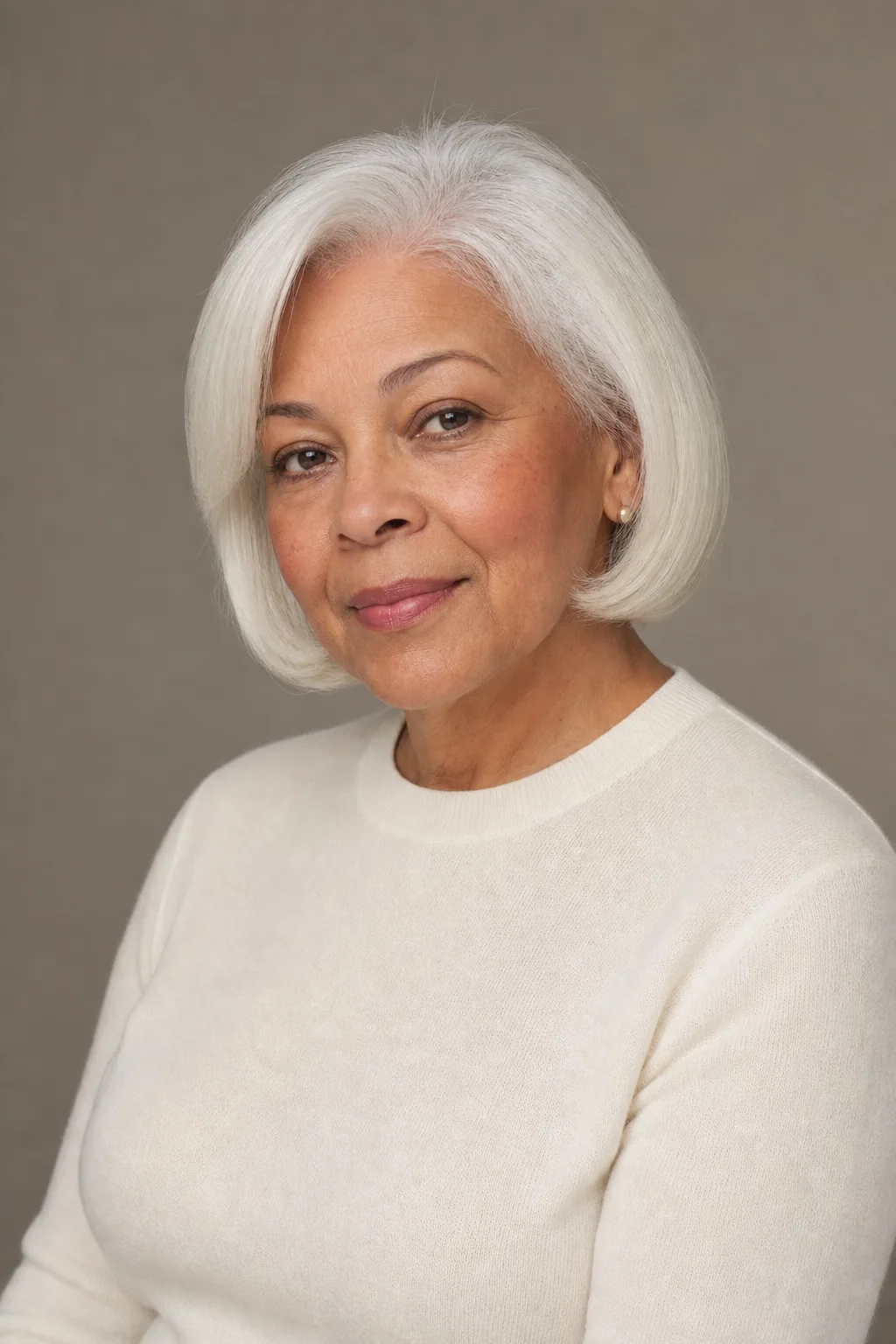 Soft blunt chin bob on fine white hair over 60