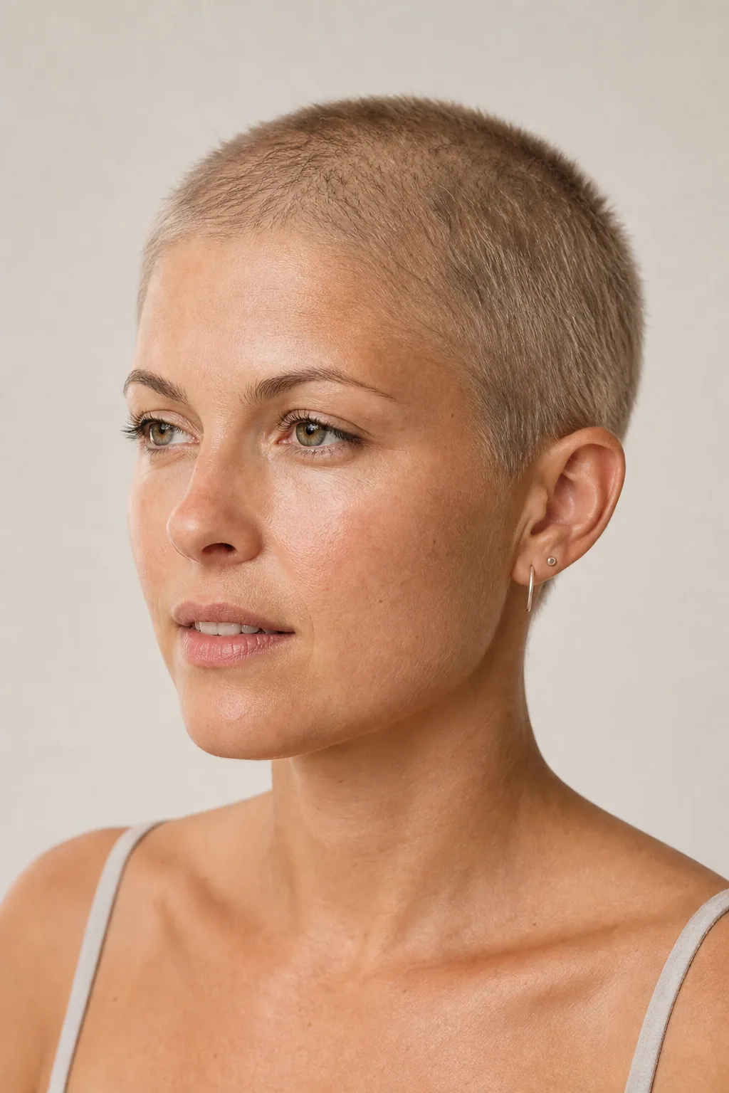 Soft buzz cut at around half an inch on fine light hair, even all over, three-quarter portrait
