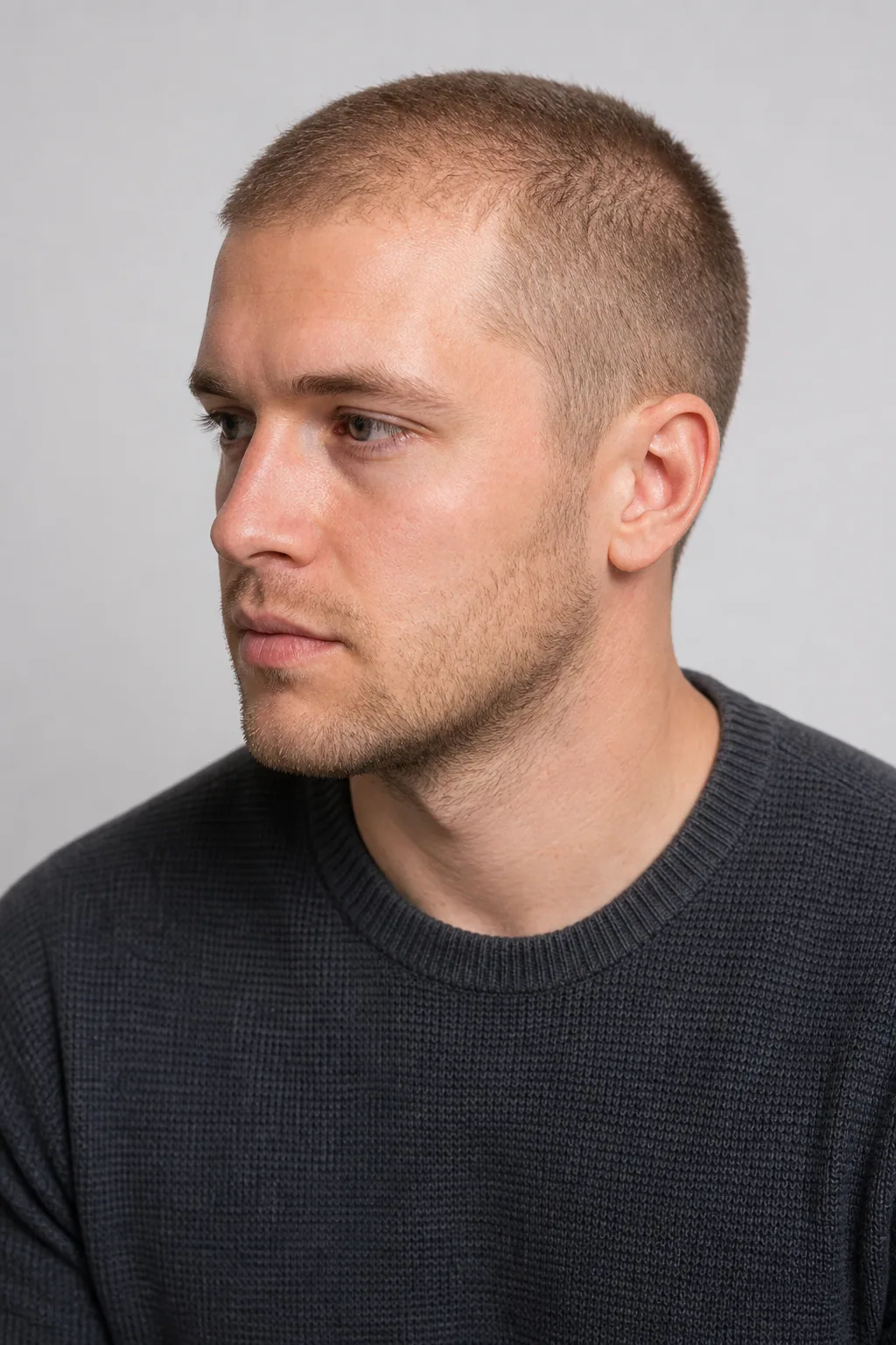 Soft number 4 buzz cut on a man with diffusely thinning light-brown hair