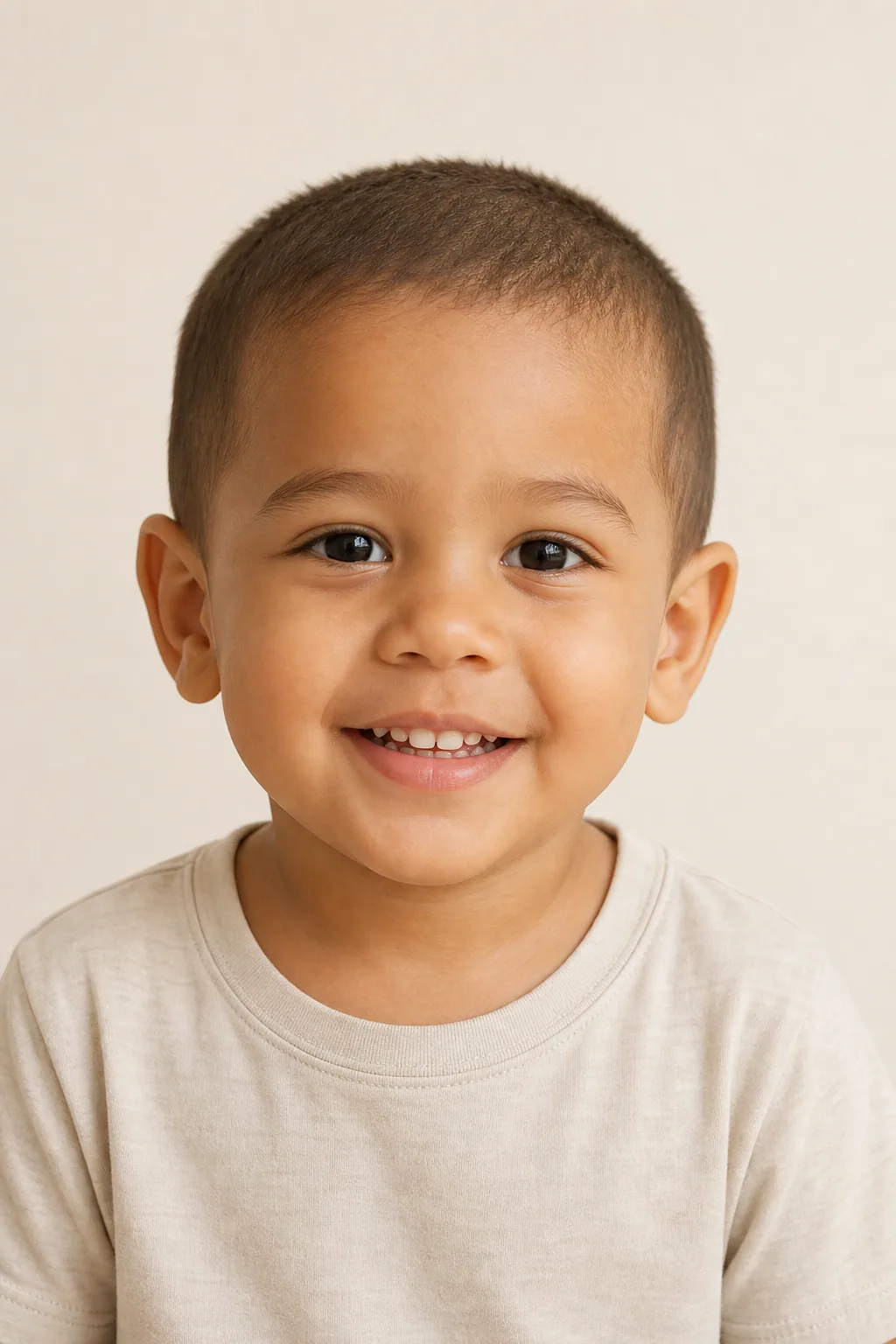 Toddler boy with an even soft buzz cut on fine dark-brown hair