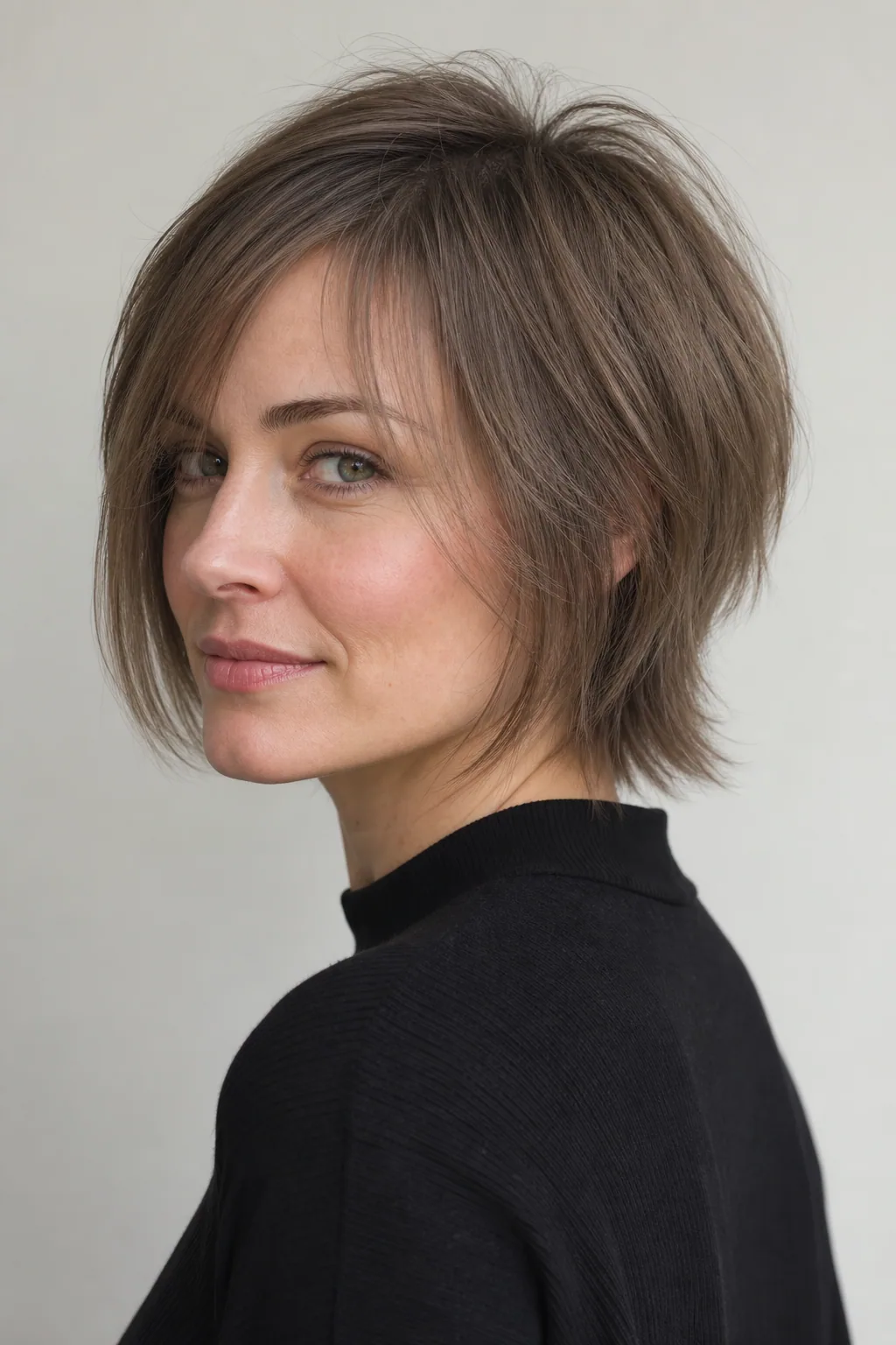 Soft connected mullet on fine straight hair, chin-length front, collar-length back, lifted crown, three-quarter view