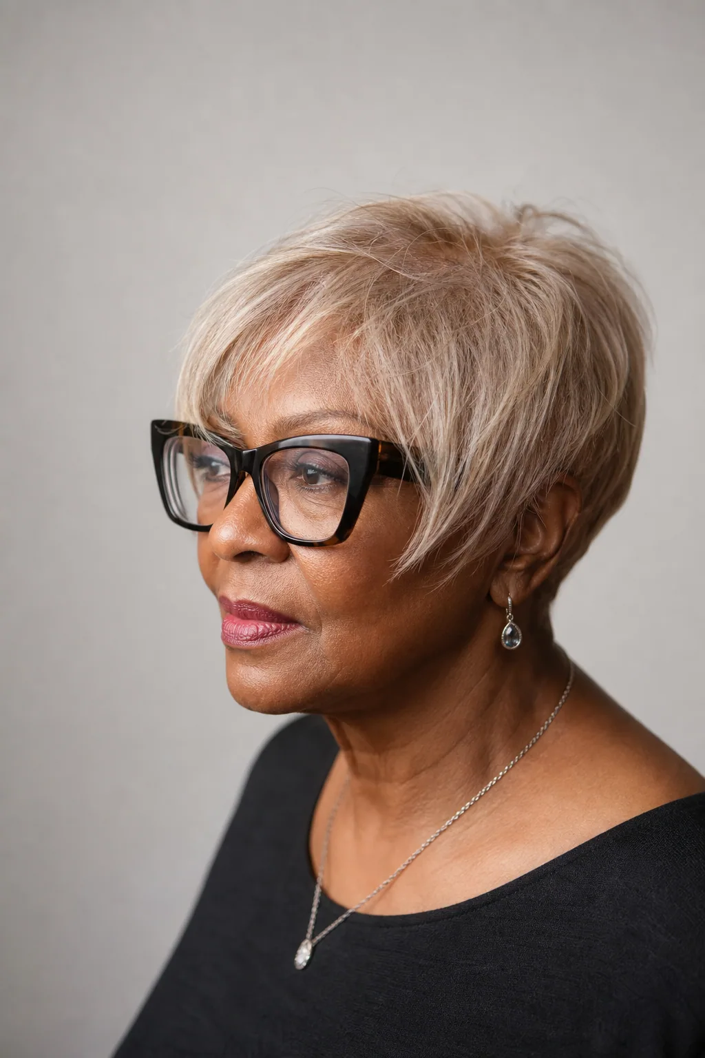 Soft crop with feathered temples worn over glasses on fine thin grey-blonde hair over 60
