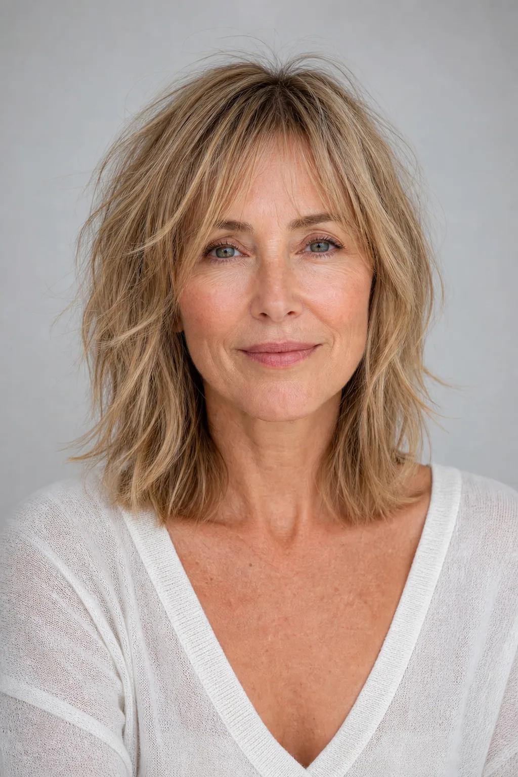 Soft everyday mid-length shag with a forgiving grow-out on fine hair